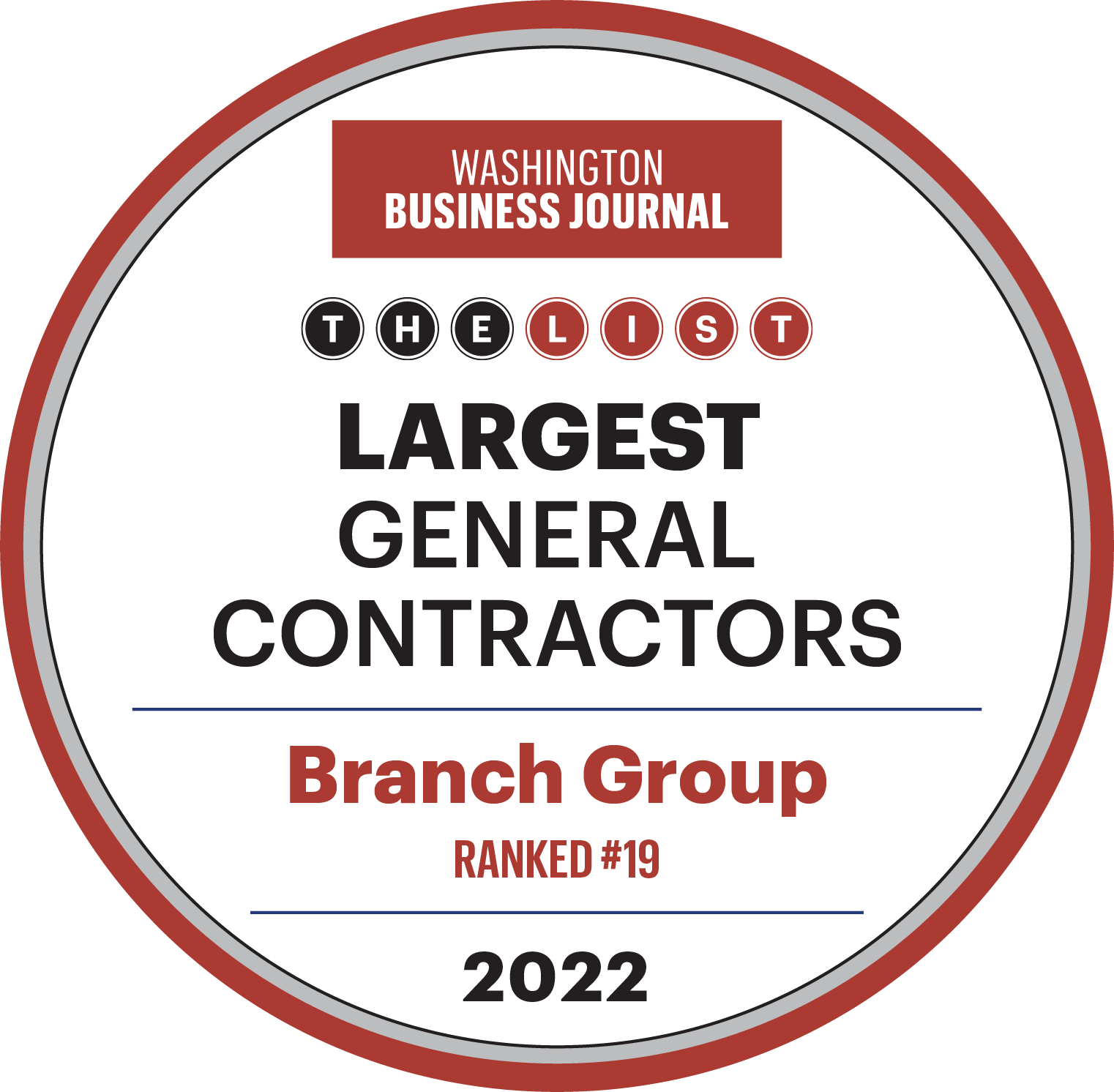 Washington Business Journal Largest General Contractors Rank #19 Branch Group